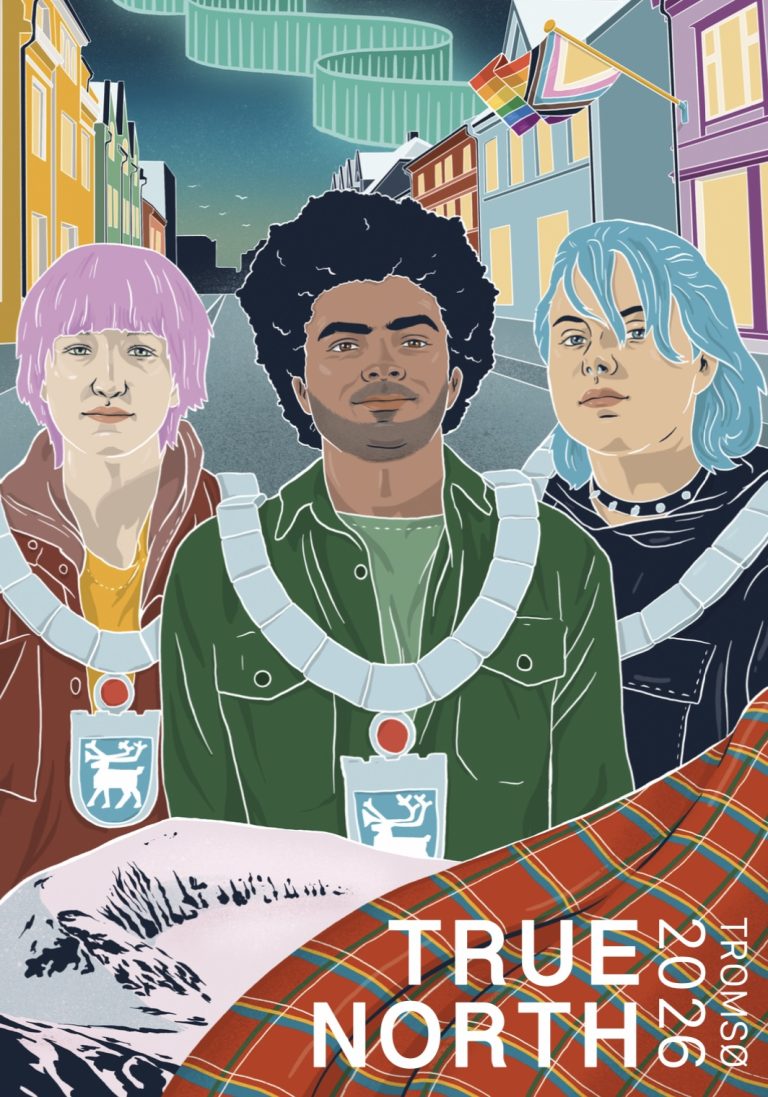 Front page of Tromsø’s application for European Youth Capital 2026. The front page is a drawing of 3 young people who are all wearing the sign and chain from the Mayor of Tromsø.